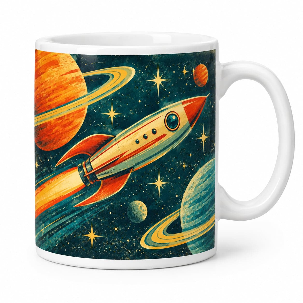 Retro Rocket & Planets Coffee Mug – Vintage Retro Ceramic Mug
